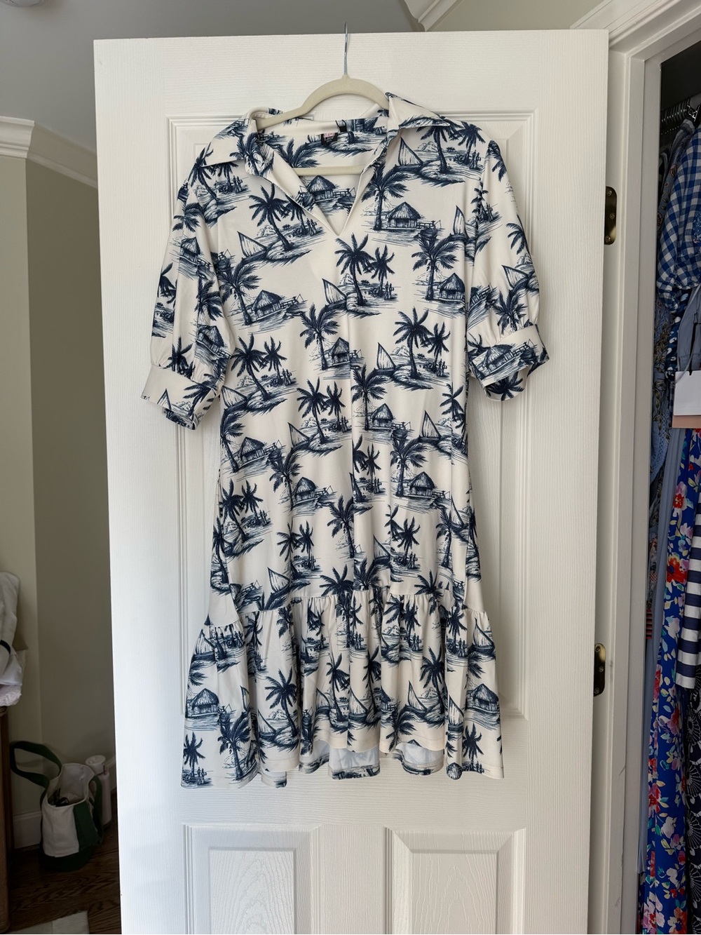 White & Navy Tropical Print Midi Dress